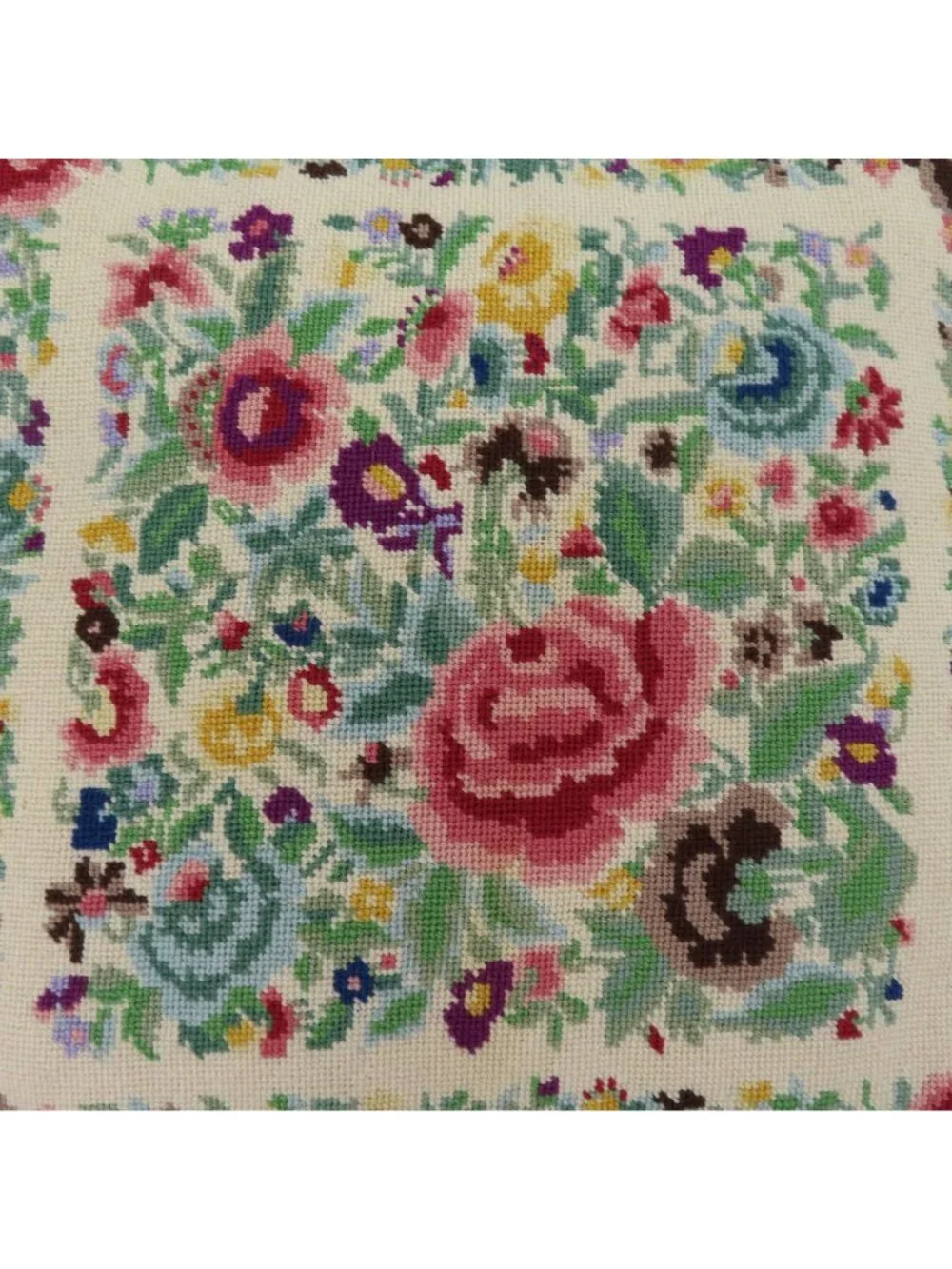 Handmade Multicolor Flower Floral Needlepoint Purple Back Throw Accent Pillow